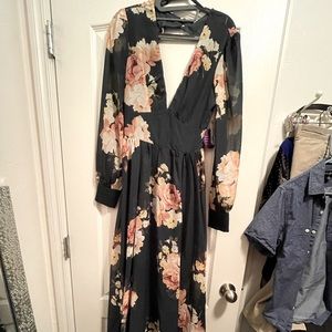 Windsor hunter green floral deep cut backless sexy maxi dress
